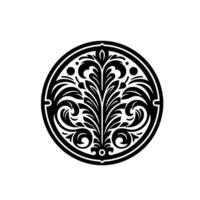 Elegant Black and White Circular Ornamental A symmetrical flourish motif within a bordered frame, evoking classic artistry. vector