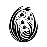 An elegant, black and white Easter egg with stylized floral elements, including tulips and blades of grass, enclosing a striped egg and dotted details. vector