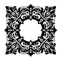Ornate Black and White Decorative Motif with Floral and Scroll Elements, Circular Center, Symmetrical . vector