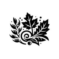 Elegant Black and White Floral featuring stylized leaves, spiraling elements, and decorative dots, set against a plain white background. vector