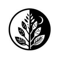 Yin YangInspired Monochromatic Symbol Featuring Tree Branch With Leaves, Crescent Moon, and Divided Circle, Emphasizing Balance. vector