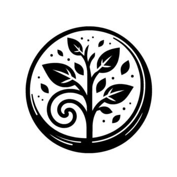 Symbolic Black and White Circular Depicting a Tree with Leaves and Swirls, Representing Growth and Harmony. vector