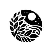 A minimalist black and white illustration within a circle showing a moonlit night sky, a leaf branch, and stylized water, evoking serenity and natures beauty. vector