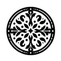 Intricate Black and White Circular Floral Ornament, Symmetrical with Leaflike Motifs and Dot Accents, Isolated on White Background. vector