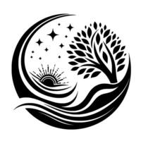 A serene black and white minimalist depicts a tree embraced by land and sea with the sun and stars inside of a crescent. vector