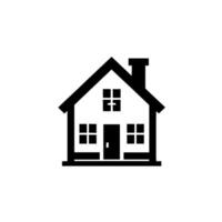 A minimalist, black and white illustration of a house, featuring a pitched roof, chimney, four square windows, a front door, and a simple porch, all set against a clean white background. vector