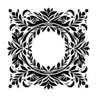 Intricate monochrome floral border with a circular void, featuring stylized leaves and curls, creating a symmetrical, ornamental pattern on a white background. vector