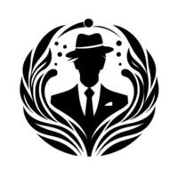 Silhouetted Man in a Fedora and Suit, Encircled by Elegant, Abstract Floral Swirls, on a White Background. vector