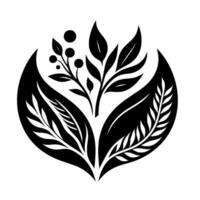 Elegant black and white floral , with stylized leaves and berries, arranged symmetrically against a white background. vector
