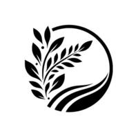 Elegant black and white botanical featuring leaves, a sprig, and flowing lines, enclosed within a circular frame. vector