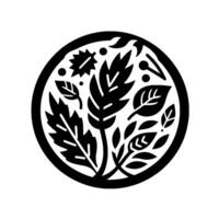 Black and white circular featuring stylized botanical elements leaves, stems, and berries, within a bold outline. vector