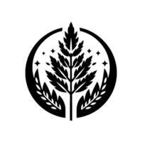 Stylized Black and White Emblem Central Tree Motif Enclosed in a Circle, Featuring Starlike Embellishments and Leafy Elements. vector