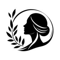 Graceful Silhouette of a Woman Profiled with a Laurel Branch Within an Encircling Arc, Emblem of Beauty and Serenity on White. vector