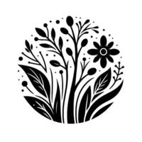A stylized, minimalist black and white floral , featuring a circular arrangement of leaves, berries, flower, and stems against a stark white background, exuding a sense of delicate nature. vector