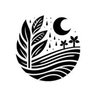 A minimalist, circular black and white illustration depicting a plant with large leaves, rainfall, two small trees on a gently sloping landscape, and a crescent moon, evoking peace. vector