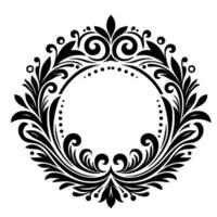 A symmetrical black and white ornamental floral frame with intricate swirling details and a central empty circular space, perfect for text or a . vector