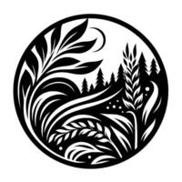 Intricate Black and White Circular Depicting a Forest Scene and Floral Elements, Featuring Leaves, Wheat Stalks, and a Crescent Moon. vector