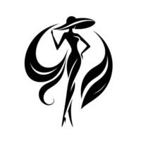 Silhouette of a Stylish Woman in a Floppy Hat and Flowing Dress, Composed with Organic, Circular Swirls and Leaflike Elements on White Background. vector