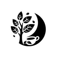A minimalist, black and white depicts a tealeafed tree, a crescent moon, and a teacup for a calming, natural tea brand. vector