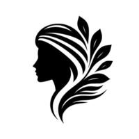 Elegant Silhouette A Profile of a Woman Adorned with Flowing Hair and Leafy Botanical Elements in a Monochrome . vector