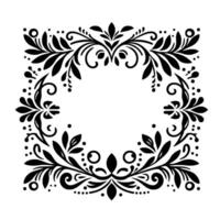 Intricate Black Floral Frame Ornament Symmetrical with Leaves, Swirls, and Dots on White Background. vector