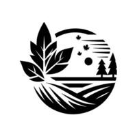 A stylized black and white circular landscape featuring a large leaf, fields, trees, falling leaves, and a sunlike dot, conveying nature and tranquility. vector