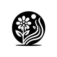 Elegant Black and White Floral Illustration Enclosed in a Circle, Featuring a DaisyLike Flower, Curving Lines, and a Dot. vector