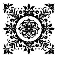 Intricate Black and White Ornamental A Symmetrical Floral Mandala with Flourishes, Swirls, and Dot Accents, centered on a White Background. vector