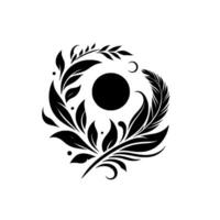 Circular Black and White Illustration Foliage and Feather Swirl with a Central Sphere, Symbolic and Elegant . vector