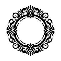 An ornate, symmetrical black and white circular featuring stylized floral and scroll motifs, perfect for a decorative frame or emblem against a plain white background. vector
