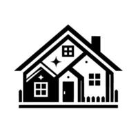 style, monochrome illustration of a stylized house, with contrasting black and white elements, featuring windows, a door, chimney, and picket fence, set against a clean, white background. vector