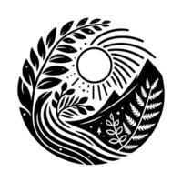 Monochromatic Natures Embrace A Circular Emblem Depicting Sun, Mountains, and Botanical Flourishes in a Stylized, Abstract Landscape. vector