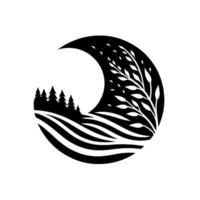 Abstract Black and White Landscape Silhouette Within a Circle, Featuring Trees, Fields, and a Branch with Leaves, evoking a sense of serenity and simplicity. vector