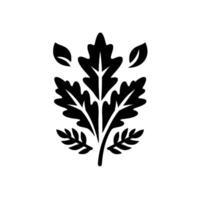 A stark, symmetrical botanical illustration featuring a central leafy cluster, with three individual leaves and a pair of sprigs. vector