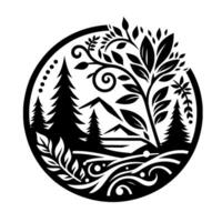 A stylized black and white circular featuring mountain peaks, pine trees, leaves, and swirling elements, evoking a sense of nature and serenity. vector