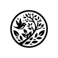 A stylized, circular black and white depicting a flying bird alongside a tree, contained within a circle, creating a minimalist and natural aesthetic. vector