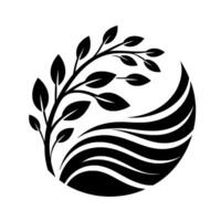 Elegant black and white featuring a stylized tree branch with leaves and flowing wavelike elements within a circular , symbolizing nature and harmony. vector
