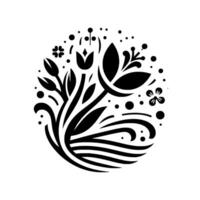 Elegant minimalist black floral in a circular arrangement, featuring stylized leaves, petals, dots, and flowing lines against a white background. vector