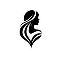 Silhouette of an elegant woman with flowing hair, wearing an earring, and a heartshaped beneath, set against a clean white background. vector