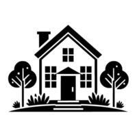 A minimalist black and white illustration of a house with trees, bushes, and steps, set against a clean white background. vector