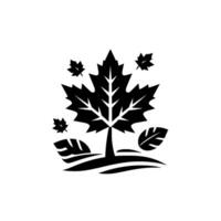 A minimalist monochrome maple leaf featuring a central large leaf, several smaller leaves falling, with a stylized base. vector