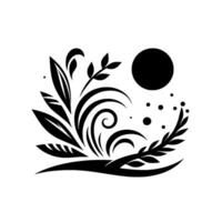 Elegant Black and White Botanical Arrangement with Swirls, Leaves, Circle and Dot Motif, Minimalism. vector