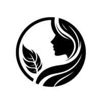 Elegant Silhouette of a Woman with Flowing Hair and a Leaf Enclosed Within a Circular Frame, Monochrome Composition. vector
