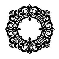 Ornate black and white symmetrical circular with decorative flourishes, perfect for framing or as a decorative element. vector