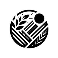 Minimalist Circular Emblem Black White Featuring Leaves, Straight Lines, Geometric Shapes, and Sun Element vector