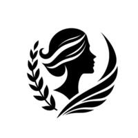 Elegant Silhouette of a Woman with Flowing Hair, Laurel Wreath, and Crescent, in a minimalist, grayscale . vector