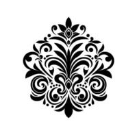 Ornate Black and White Damask A Symmetrical, FloralInspired Flourish with Detailed Scrollwork, Elegant Curves, and Decorative Elements on a White Background. vector