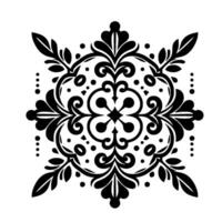 Symmetrical Black Floral Ornament on White Background, Intricate Featuring Leaves, Curls, Dots, and a Central Diamond Motif. vector