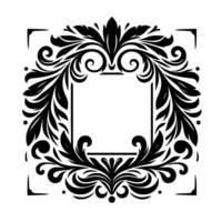 A symmetrical, black and white ornamental frame featuring stylized floral and foliate elements surrounding a central square void, exuding elegance and decorative charm. vector