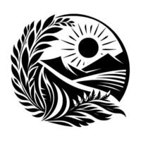 Intricate black and white circular featuring stylized mountains, sun, and foliage, conveying a sense of natures harmony. vector